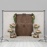 Aperturee - Aperturee White Brick Wall Floral Wood Door Wedding Backdrop